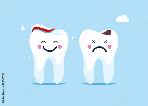 Happy tooth with toothpaste on head and sad tooth with broken enamel. Dental care, dental problem, healthy mouth hygiene, . Modern vector illustration in flat style