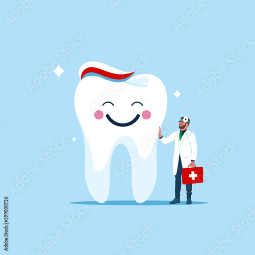 Happy tooth with toothpaste on head. Dental care, healthy mouth hygiene, dental problem. Modern vector illustration in flat style
