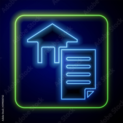 Glowing neon House contract icon isolated on blue background. Contract creation service, document formation, application form composition. Vector