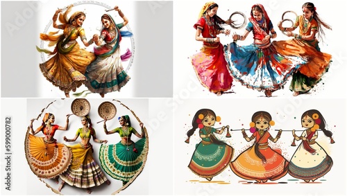 Image of Indian culture and traditions. Young girls in traditional dress play dandiya on a white background. Theme of the event or festival