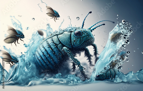 Animated cartoon depicting black beetles floating in the water. Unique environment and aesthetics. Creative depiction of insect behavior in a fun and entertaining way. © Татьяна Мищенко