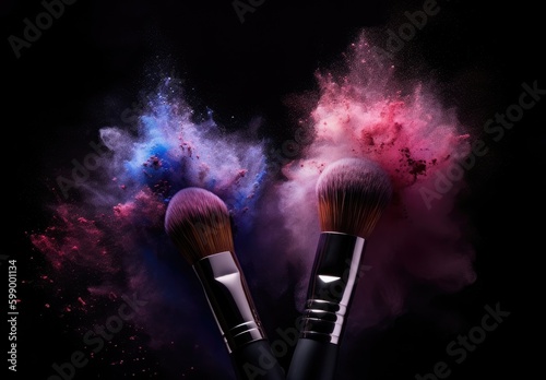 two beauty brushes are in powder on black background Generative AI