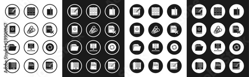 Set File document, Paper clip, User manual, Blank notebook and pencil with eraser, Delete file, Office folders papers documents, Scotch and Document icon. Vector