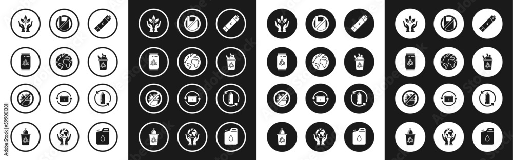 Set Battery, Earth globe, Can with recycle symbol and can, Plant in hand of environmental protection, Recycle bin, Say no to plastic bags poster, Recycling bottle and No trash icon. Vector Set Battery, Earth globe, Can with recycle symbol and can, Plant in hand of environmental protection, Recycle bin, Say no to plastic bags poster, Recycling bottle and No trash icon. Vector