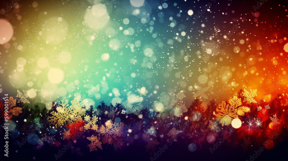 fundo colorido de natal com flocos de neve e bokeh
