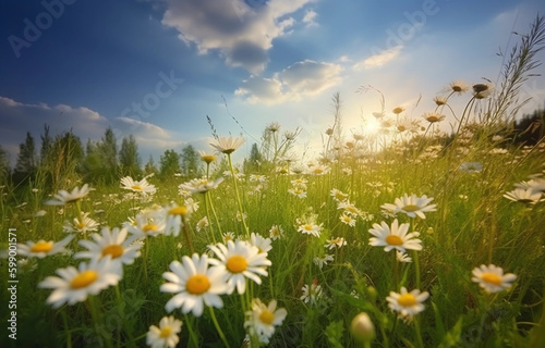 Panoramic natural spring landscape with green field flowers and sun. generative ai, Beautiful field meadow flowers chamomile in morning against blue sky with clouds, nature 