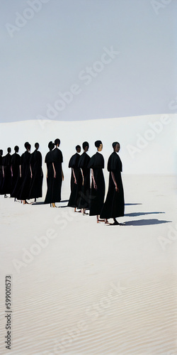 10 Nigerian women, dressed in all black dresses, walking in a line that takes up the entire width of the photo, through a desolate desert with pure white sand where nothing can be seen,