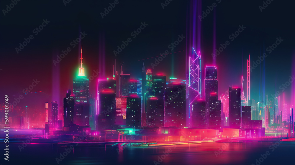 Futuristic city, neon light, lights of a large metropolis, high-rise buildings, generative AI, AI generated