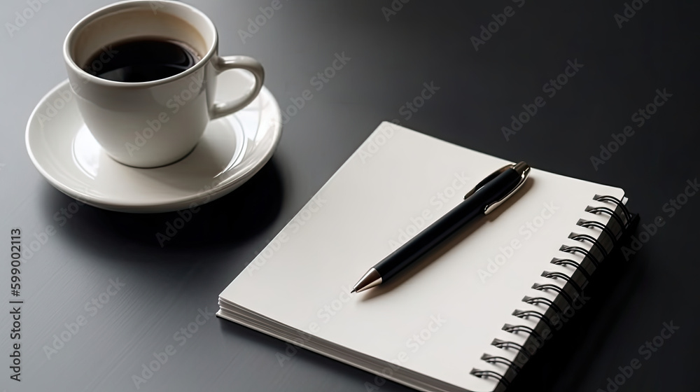 Carnet de notes à spirales vierge avec un style et une tasse de café noir posé sur une table Carnet de notes à spirales vierge avec un style et une tasse de café noir posé sur une table