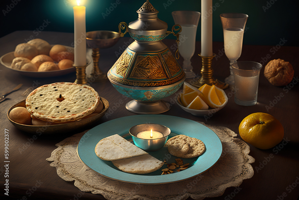 Festive Passover table with food and candle. Jewish holiday tradition. Generative AI Festive Passover table with food and candle. Jewish holiday tradition. Generative AI