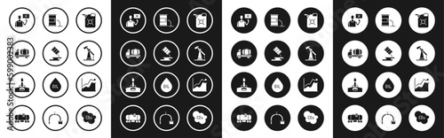 Set Canister for motor oil, Barrel leak, Tanker truck, Nature saving protest, Oil pump pump jack, price increase and rig with fire icon. Vector