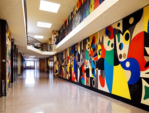 Modern architecture school hall with colorful naive murals - generative AI