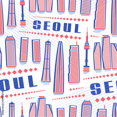 Vector Seoul Seamless Pattern, square repeating background with illustration of famous seoul city scape on white background for wrapping paper, decorative line art urban poster with blue text seoul
