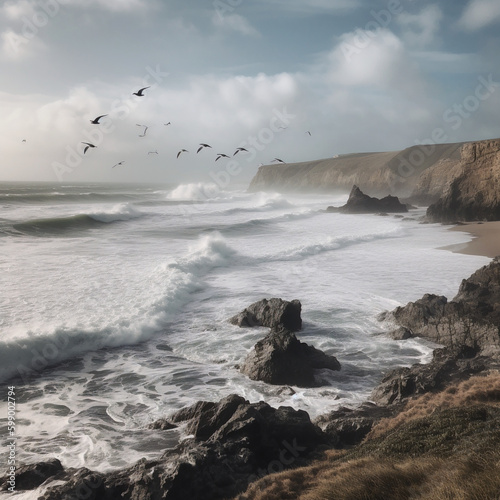 A windswept beach with crashing waves and seagulls, generative AI