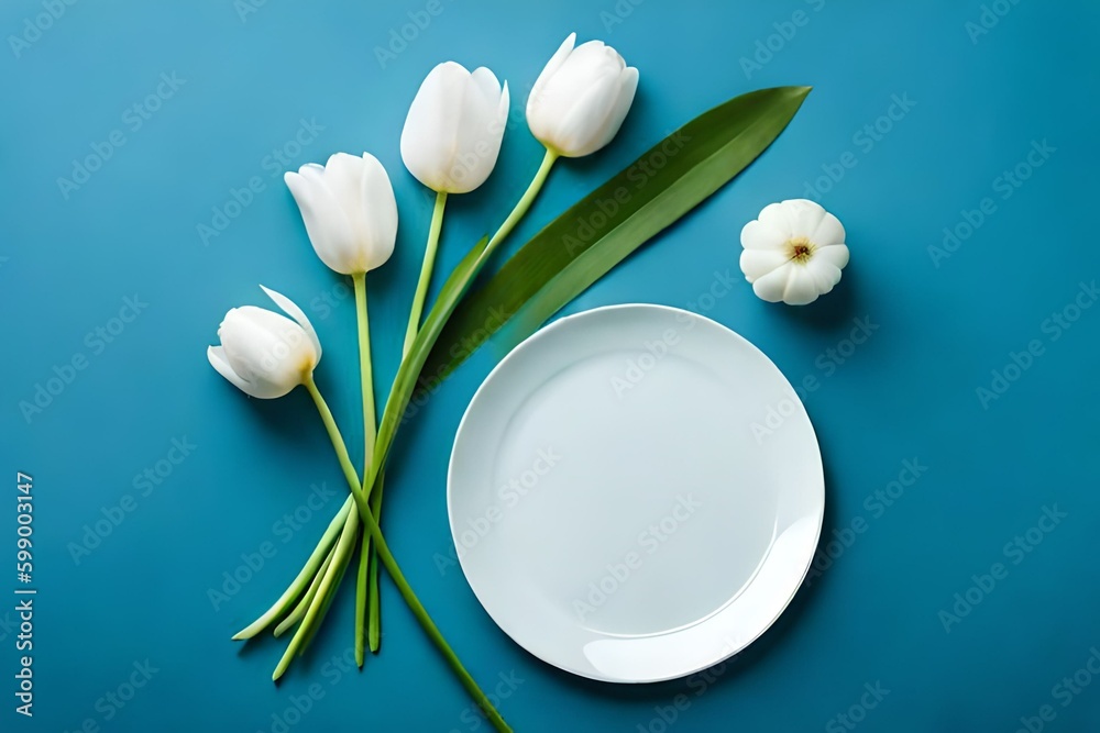 The Power of Contrast: White Tulips on a Blank Plate with a Pastel Blue Background The Power of Contrast: White Tulips on a Blank Plate with a Pastel Blue Background