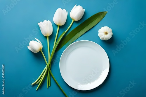 The Power of Contrast  White Tulips on a Blank Plate with a Pastel Blue Background