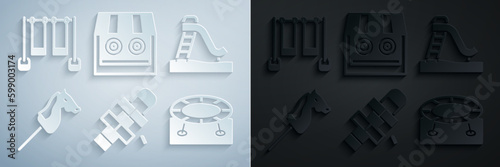 Set Hopscotch, Kid slide, Toy horse, Jumping trampoline, Shooting gallery and Double swing icon. Vector