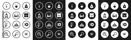 Set Bag with gems, Electronic jewelry scales, Consultant of store, Christian cross chain, Jewelry box, Necklace heart shaped pendant, and Calliper caliper and icon. Vector