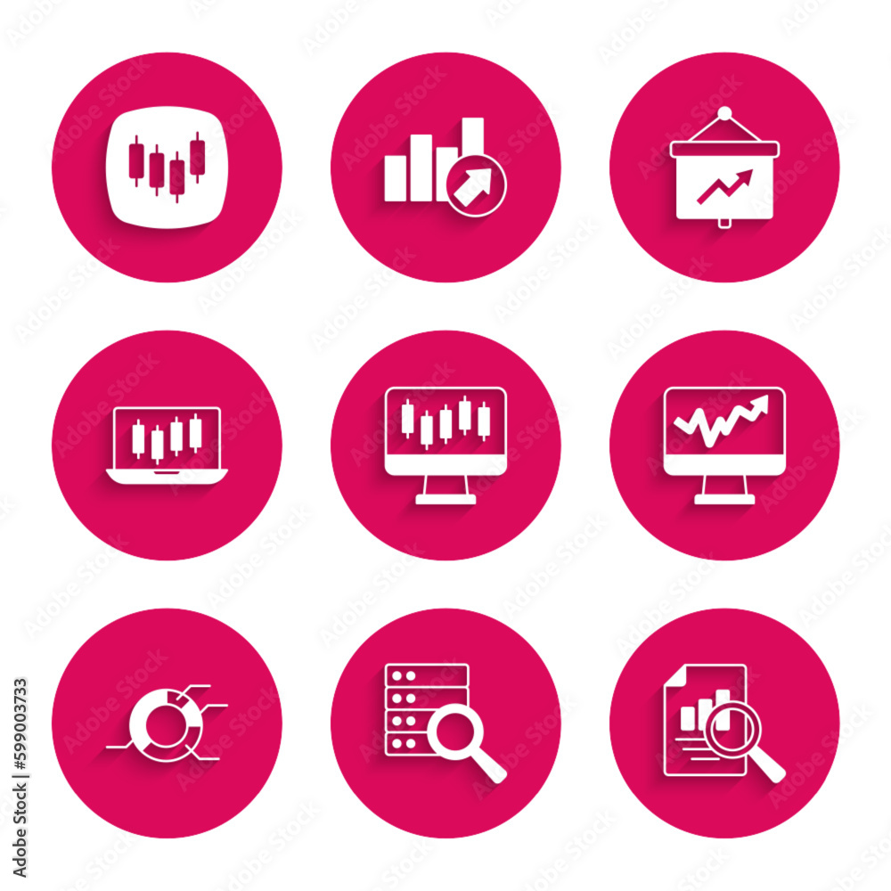 Set Stocks market growth graphs, Server, Document with chart, Monitor, Pie infographic, Board and Browser stocks icon. Vector Set Stocks market growth graphs, Server, Document with chart, Monitor, Pie infographic, Board and Browser stocks icon. Vector
