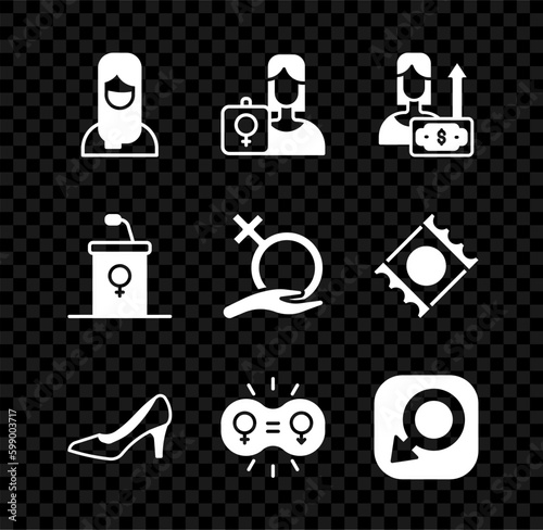 Set Muslim woman in hijab, Feminist activist, Money growth, Woman shoe, Gender equality, Male gender, Debate podium rostrum and Female icon. Vector
