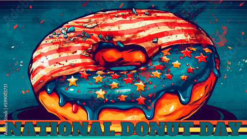 Generative AI. National Donut Day. Bright, festive stylized illustration. Greeting card.