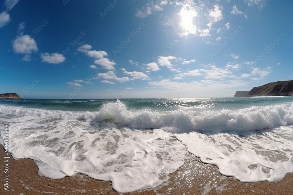 Beautiful panoramic seascape with surf waves against a blue sunny sky with clouds. Natural Mediterranean beach. White clouds in blue sky are reflected in water. Beautiful panoramic seascape with surf waves against a blue sunny sky with clouds. Natural Mediterranean beach. White clouds in blue sky are reflected in water.