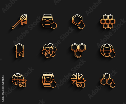 Set line Honeycomb map of the world and bee, Wooden barrel with honey, dipper stick dripping, Bee flower, honeycomb, and icon. Vector