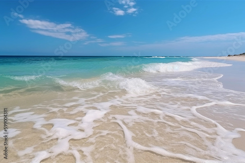 Beautiful panoramic seascape with surf waves against a blue sunny sky with clouds. Natural Mediterranean beach. White clouds in blue sky are reflected in water. 