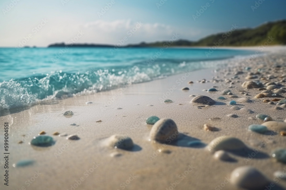 Beautiful sandy beach with white sand and rolling calm wave of turquoise ocean on Sunny day. White clouds in blue sky are reflected in water. generative ai, perfect scenery landscape, pebbles