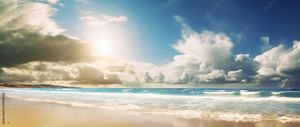 Beautiful panoramic seascape with surf waves against a blue sunny sky with clouds. Natural Mediterranean beach.