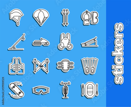 Set line Rafting boat, Rubber flippers for swimming, Skateboard on street ramp, Ski poles, Snowmobile, Bicycle helmet and Parachute icon. Vector