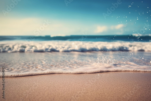 Beautiful sandy beach with white sand and rolling calm wave of turquoise ocean on Sunny day. White clouds in blue sky are reflected in water. generative ai, perfect scenery landscape, copy space. 