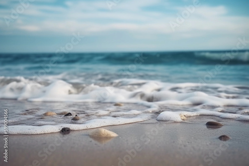 Beautiful sandy beach with white sand and rolling calm wave of turquoise ocean on Sunny day. White clouds in blue sky are reflected in water. generative ai, , perfect scenery landscape, copy space. 
