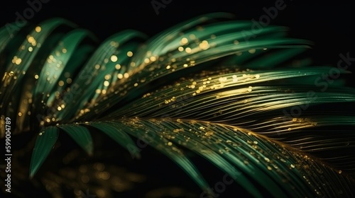 Palm leaf illuminated by glowing particles Generative AI