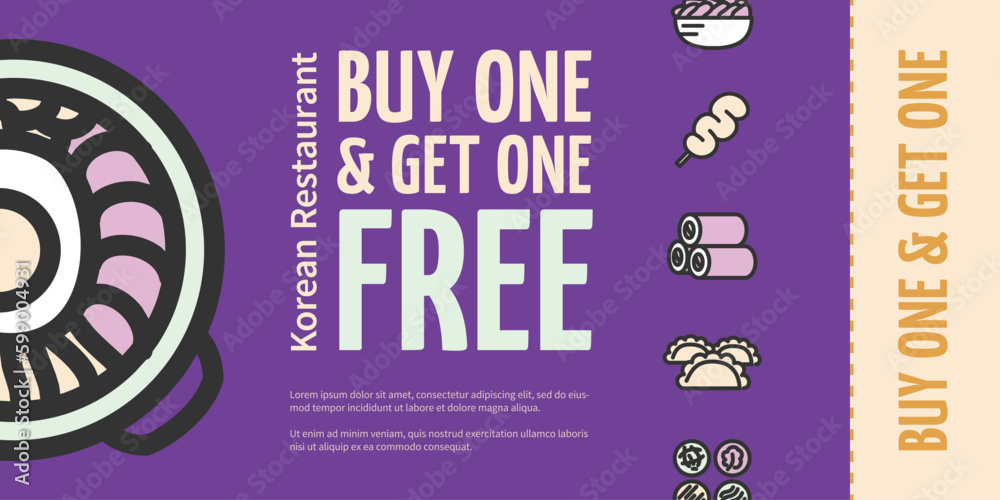 Naklejka premium Buy One Get One Free Concept Korean Restaurant Placard Poster Banner Card with Bibimbap. Vector illustration