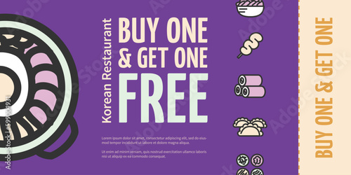 Buy One Get One Free Concept Korean Restaurant Placard Poster Banner Card with Bibimbap. Vector illustration