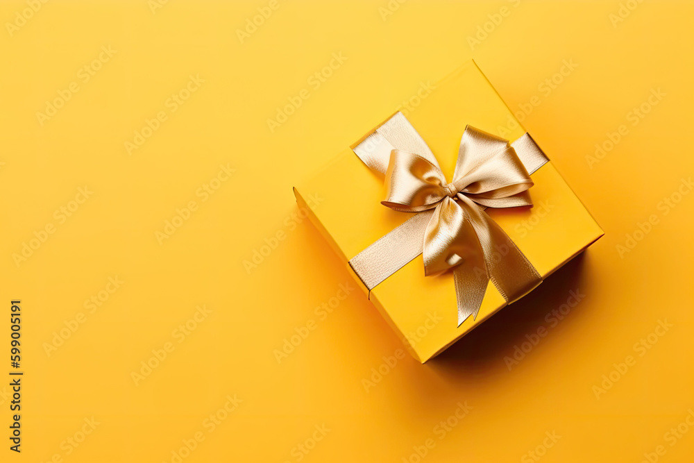 Gift box with golden satin ribbon and bow on yellow background. Generative AI Gift box with golden satin ribbon and bow on yellow background. Generative AI