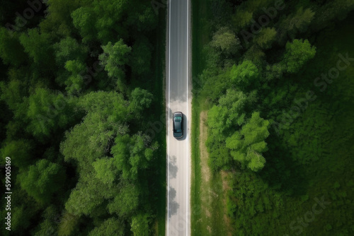 Aerial view road and forest. Road going through forest with car view from above. Generative AI