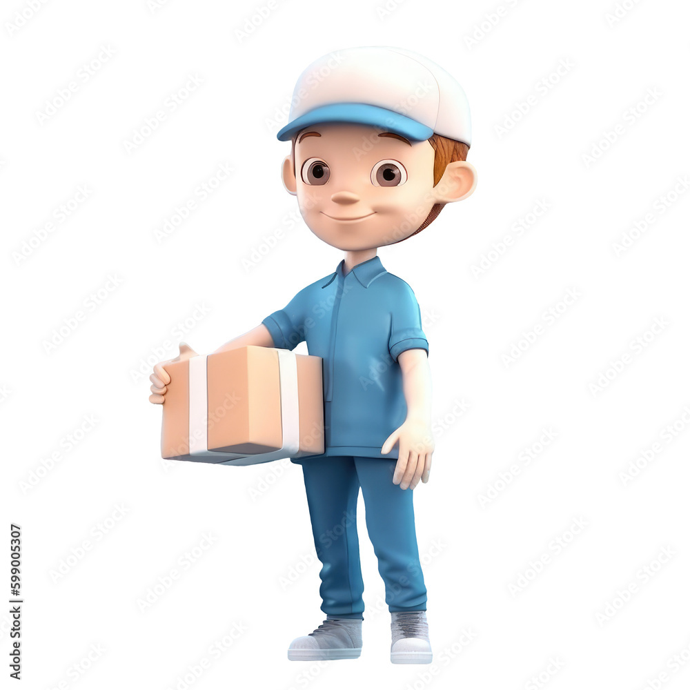 3d icon cute. Smiling cartoon man in uniform standing with parcel, boxes, delivery, transportation, transportation to customer, Parcel delivery and postal service concept character isolated background 3d icon cute. Smiling cartoon man in uniform standing with parcel, boxes, delivery, transportation, transportation to customer, Parcel delivery and postal service concept character isolated background
