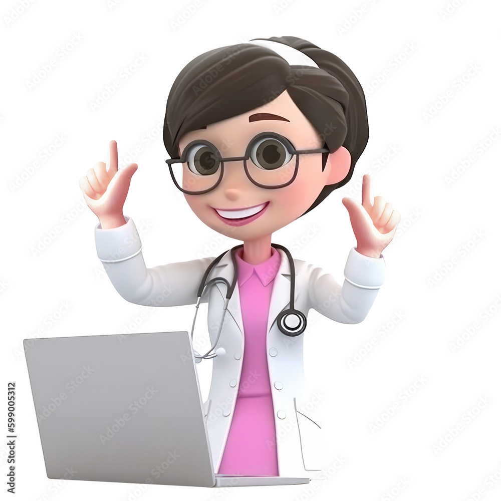 Young smiling woman doctor with glasses, medical specialist Medicine concept. Cute 3d icon people character illustration. Cartoon minimal style on isolated transparent background png. Generative ai Young smiling woman doctor with glasses, medical specialist Medicine concept. Cute 3d icon people character illustration. Cartoon minimal style on isolated transparent background png. Generative ai