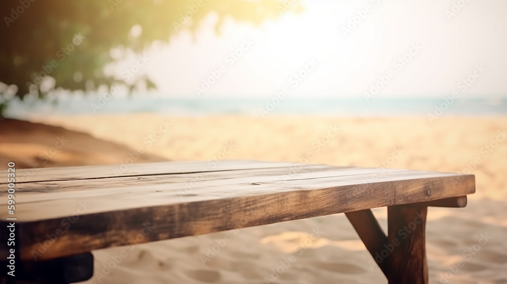 Mesa de madeira rústica vazia no fundo desfocado da bela praia para exibição de produtos de verão de maquete ou anúncio de viagem. Mesa de piquenique com espaço personalizável na mesa - tampo para edi Mesa de madeira rústica vazia no fundo desfocado da bela praia para exibição de produtos de verão de maquete ou anúncio de viagem. Mesa de piquenique com espaço personalizável na mesa - tampo para edi