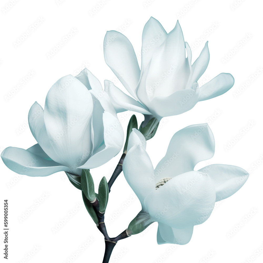 Magnolia white bloom in spring. Branches with Large grandiflora flowers close-up view isolated background transparent png. Generative ai