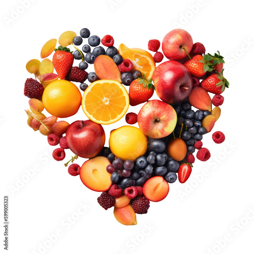 Different fruits lie on white background in the form of heart. Orange  strawberryapple  strawberry and different berries. Top view isolated on transparent png background Generative ai