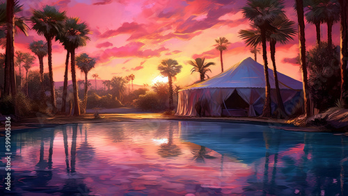 cluster of palm trees surrounding a sparkling pool of water and a vibrant sunset, Generative AI