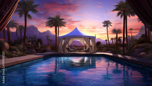 cluster of palm trees surrounding a sparkling pool of water and a vibrant sunset, Generative AI
