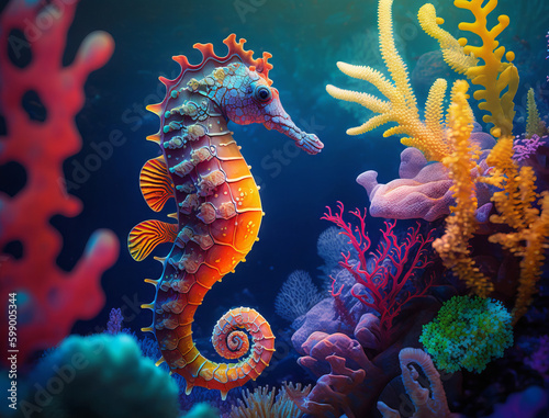 Fényképezés Sea horse in vibrant coral reef