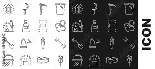 Set line Cereals with rice, wheat, corn, oats, rye, Garden rake, Honeycomb, Scythe, Bag of flour, Farm House concept, fence wooden and icon. Vector