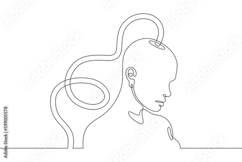 One continuous line. Neuroimplants. Brain implants. Bald woman with wires in his head. Neurochip. Wires connected to head of bald woman.One continuous line drawn isolated, white background. photo