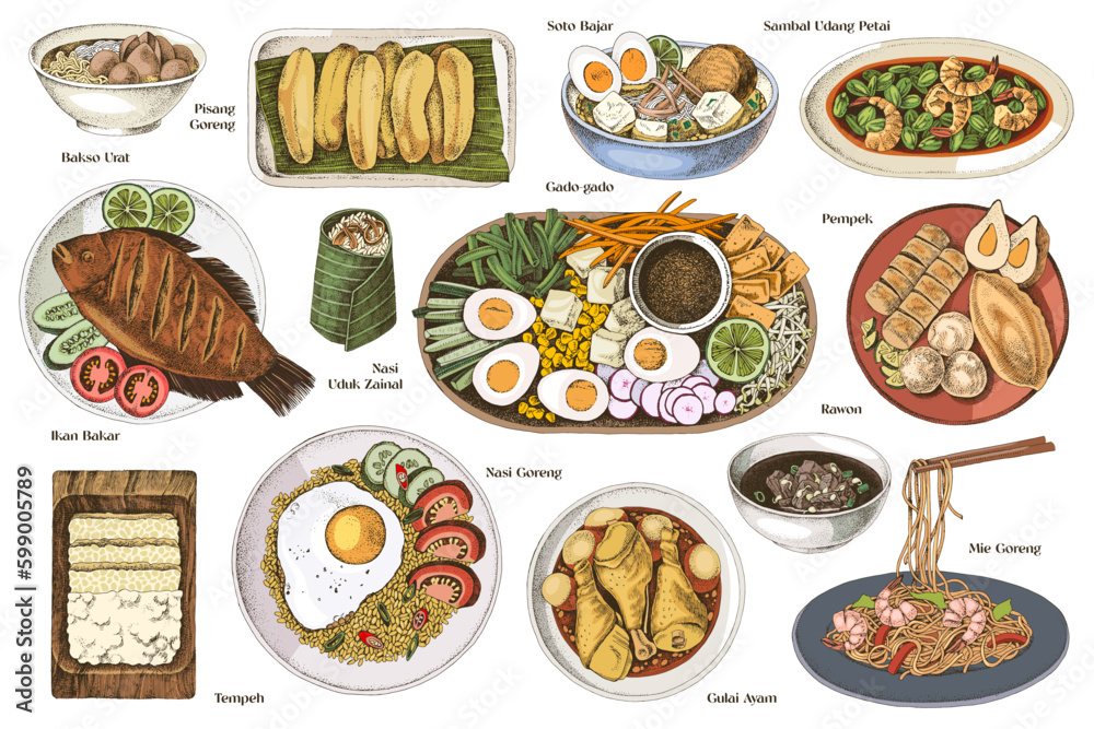 Indonesian kitchen. A set of classic dishes. Generative AI