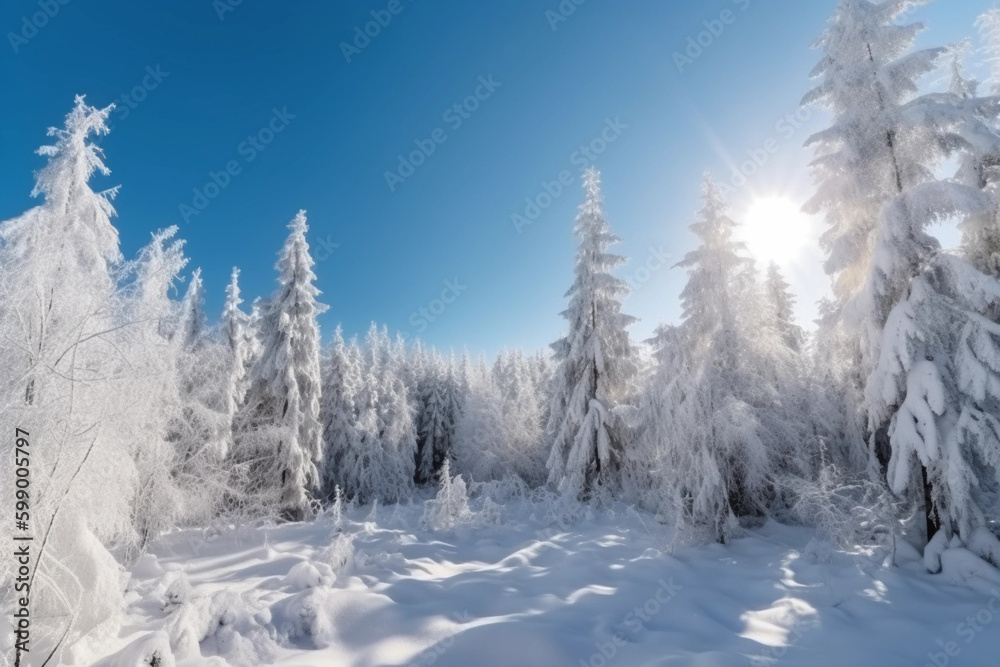 An amazingly beautiful fairy-tale panorama of the nature of a winter forest with shaggy snow-covered firs, deep snowdrifts and light snowfall. generative ai.